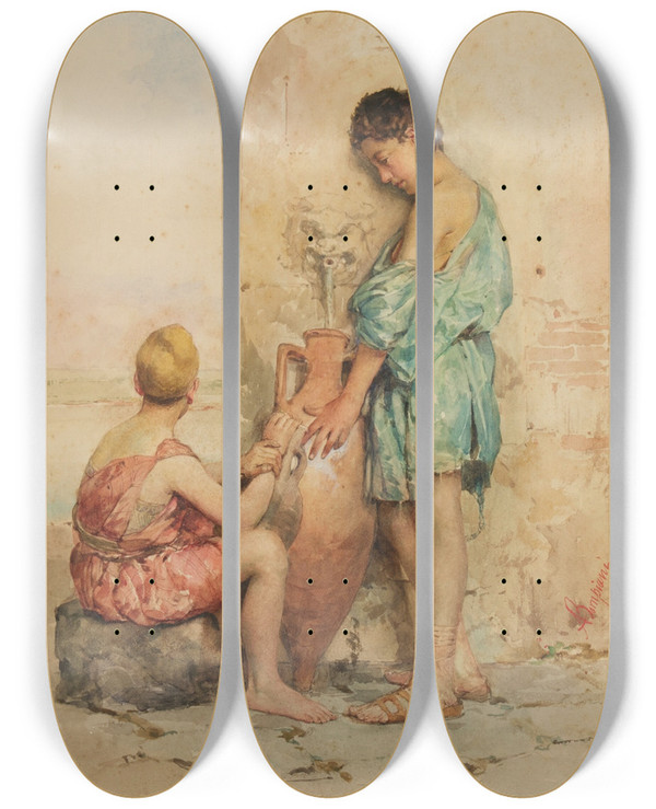Triptych art skateboard deck of Augusto Bompani At The Fountain by Augusto Bompani