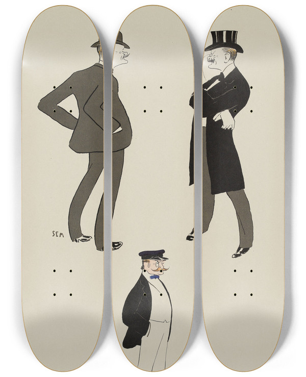 Triptych art skateboard deck of Georges Goursat Sem Le Comte Hubert De Pourtals Et Le Duc Elie Decazes by Georges Goursat (Sem) (1863-1934)