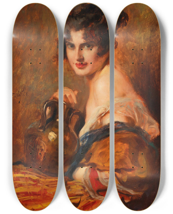 Triptych art skateboard deck of Leopold Schmutzler Schne Mit Weinkaraffe by Leopold Schmutzler (1864-1941)