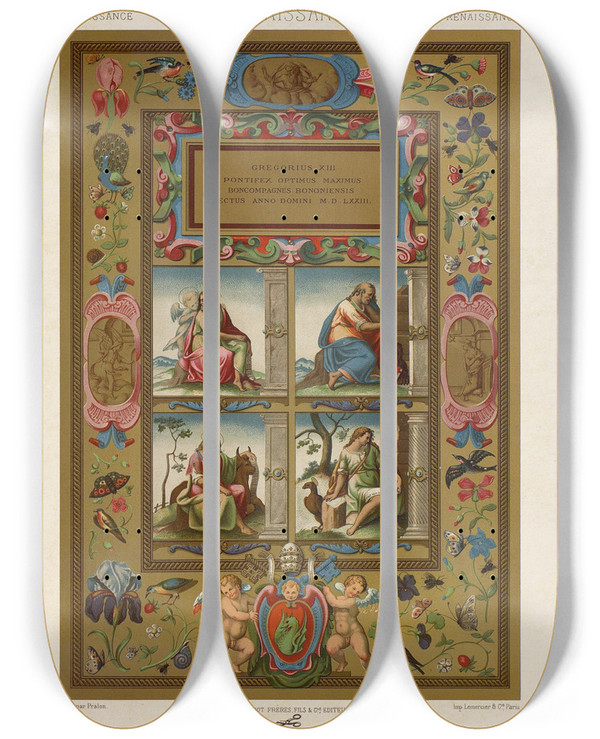 Triptych art skateboard deck of Auguste Racinet Renaissance 11 by Auguste Racinet (1825-1893)