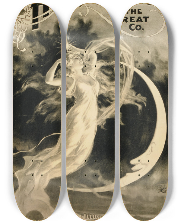 Triptych art skateboard deck of Hc Miner Litho Co Herrmann The Great Co by H.C. Miner Litho. Co. (1896-1935)
