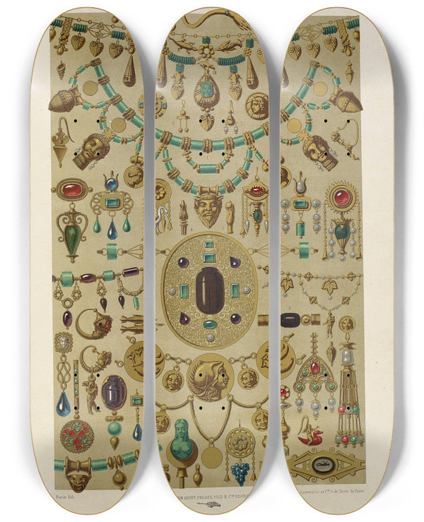 Triptych art skateboard deck of Auguste Racinet Trusque by Auguste Racinet (1825-1893)
