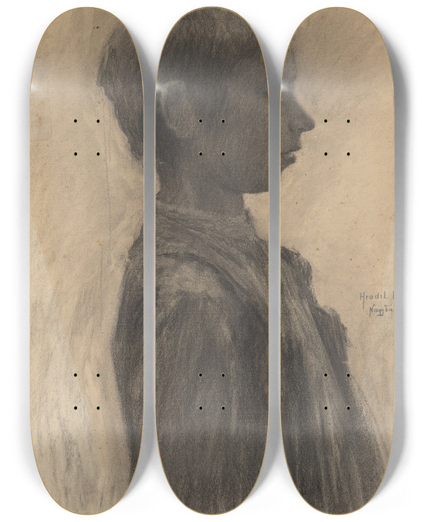 Triptych art skateboard deck of Elemr Halszhradil Tdia Dievaa by Elemir Halasz Hradil (1873-1948)