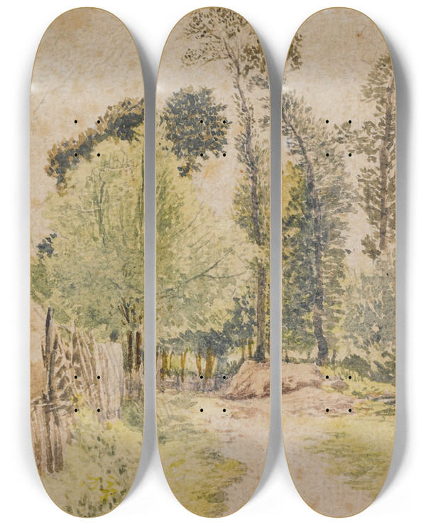 Triptych art skateboard deck of John Linnell Study Of Trees At Bayswater London by John Linnell (1792-1882)