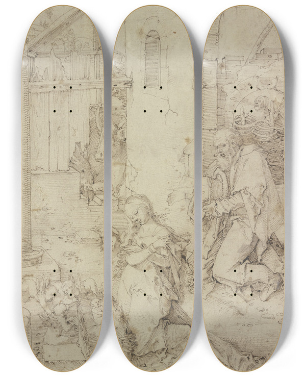 Triptych art skateboard deck of Hans Baldung The Nativity_1 by Hans Baldung (1484-1545)