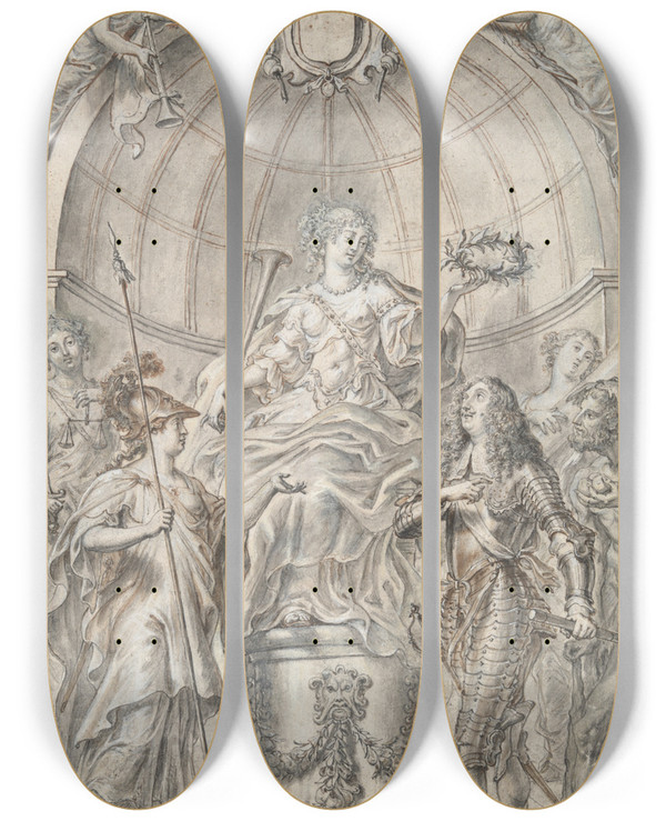 Triptych art skateboard deck of Justus Van Egmont Design For A Frontispiece by Justus Van Egmont (1601-1674)