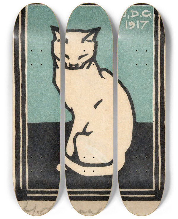 Triptych art skateboard deck of Julie De Graag Zittende Kat Met Gesloten Ogen by Julie de Graag (1877-1924)