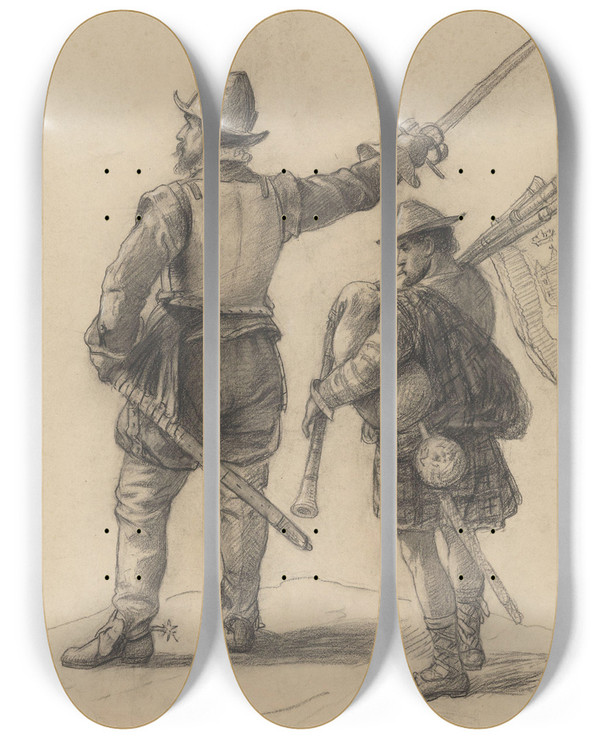 Triptych art skateboard deck of Adolph Tidemand Scottish Warrior And Bagpiper by Adolph Tidemand (1814-1876)
