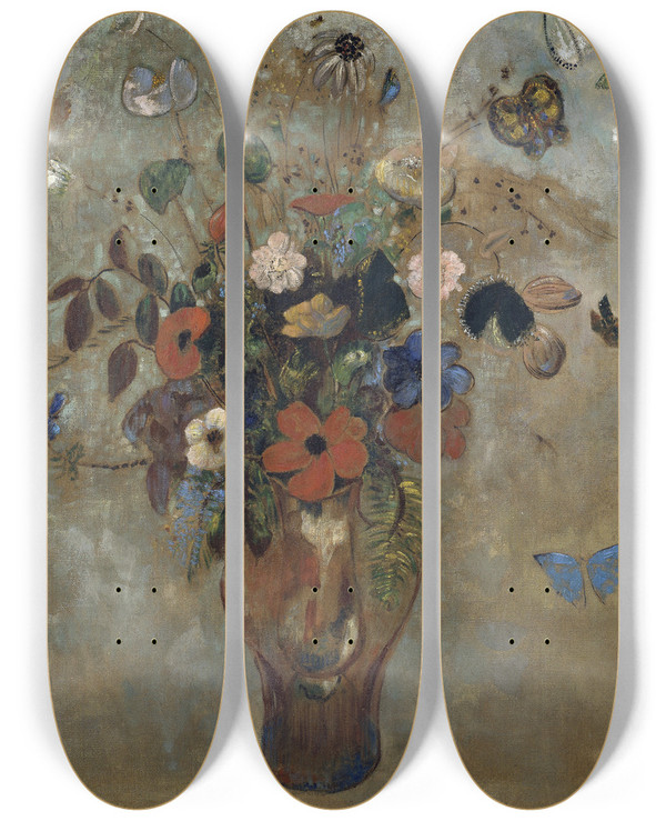 Triptych art skateboard deck of Odilon Redon Still Life With Flowers by Odilon Redon (1840-1916)