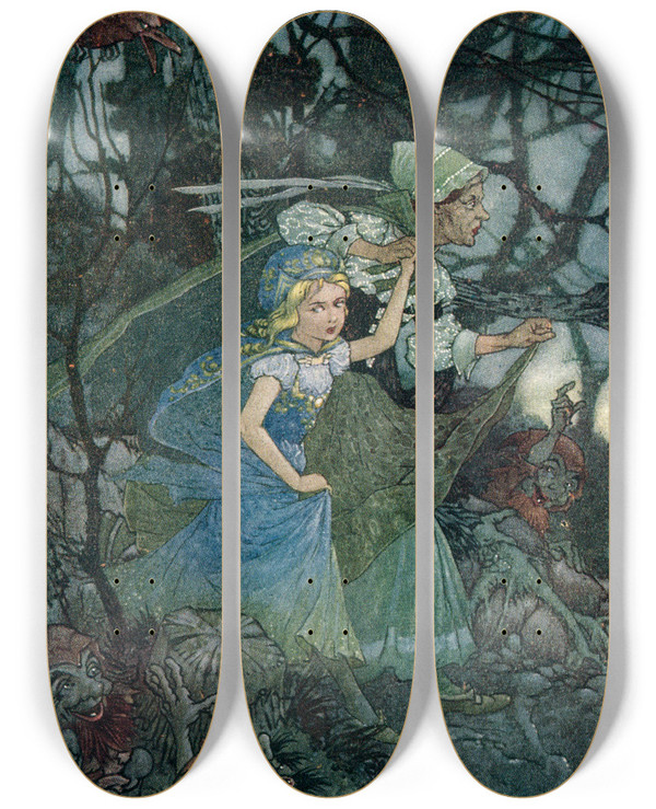 Triptych art skateboard deck of Charles Folkard We Must Not Be Out A Moment Longer by Charles Folkard (1878-1963)