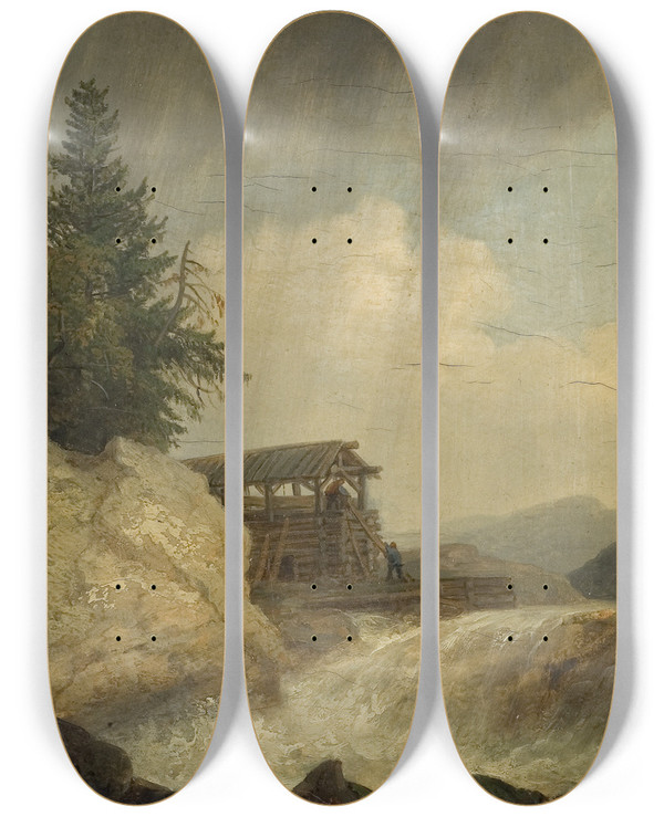 Triptych art skateboard deck of Christian Ezdorf Nordic Landscape With A Waterfall by Christian Ezdorf (1801-1851)