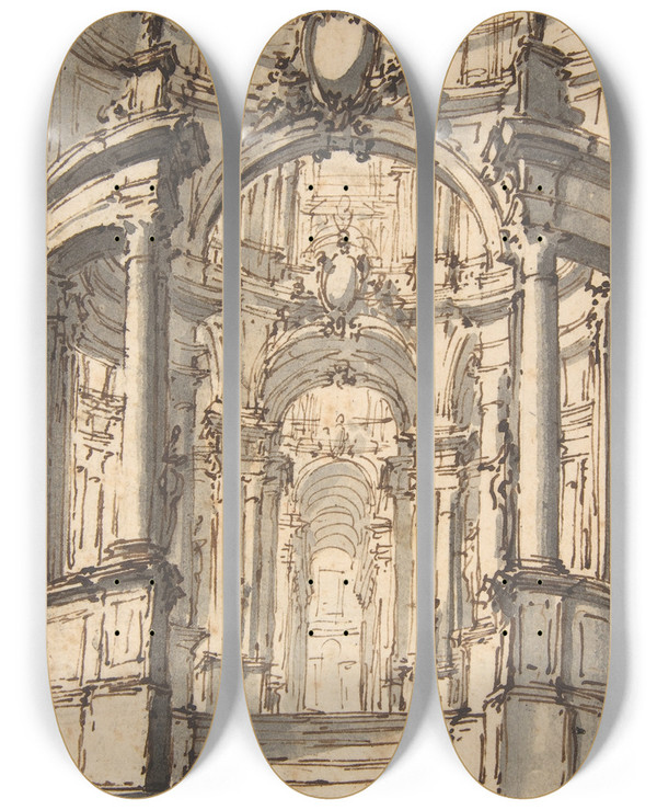 Triptych art skateboard deck of Giovanni Battista Natali Iii Design For A Stage Set_5 by Giovanni Battista Iii Natali (1698-1765)