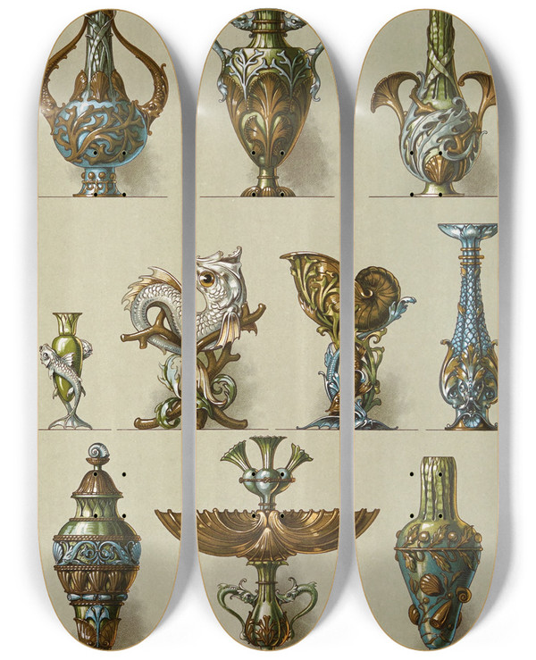 Triptych art skateboard deck of Anton Seder Die Pflanze In Kunst Und Gewerbe Pl035 by Anton Seder (1850-1916)