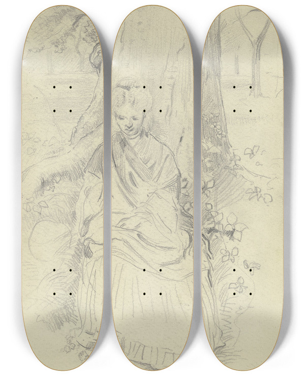 Triptych art skateboard deck of Otto Scholderer Luise Scholderer An Einem Baumstamm Sitzend by Otto Scholderer (1834-1902)