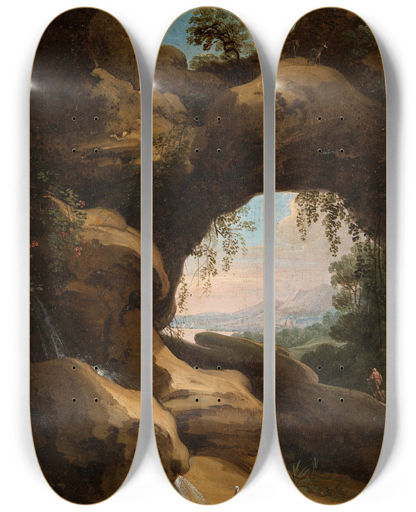 Triptych art skateboard deck of Jan Asselijn Landscape With Views Through The Cave by Jan Asselijn (1610-1652)