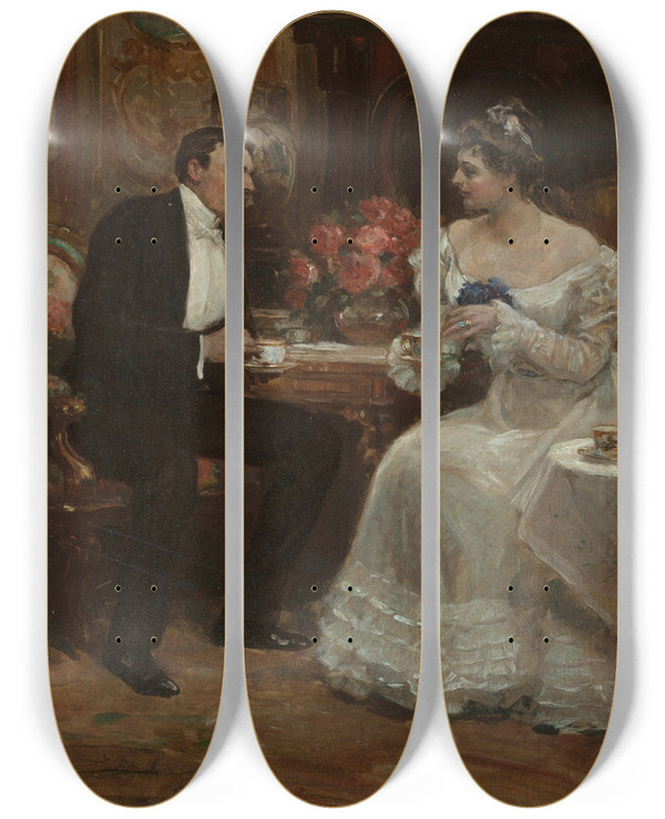 Triptych art skateboard deck of Alice Barber Stephens Seated Couple Having Tea by Alice Barber Stephens (1858-1932)