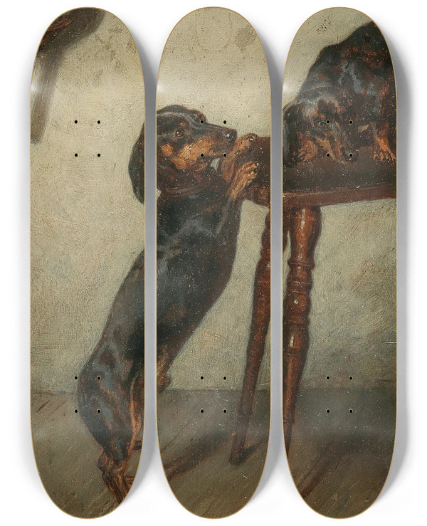 Triptych art skateboard deck of Julius Pollak Dachshunde by Julius Pollak (1845-1920)