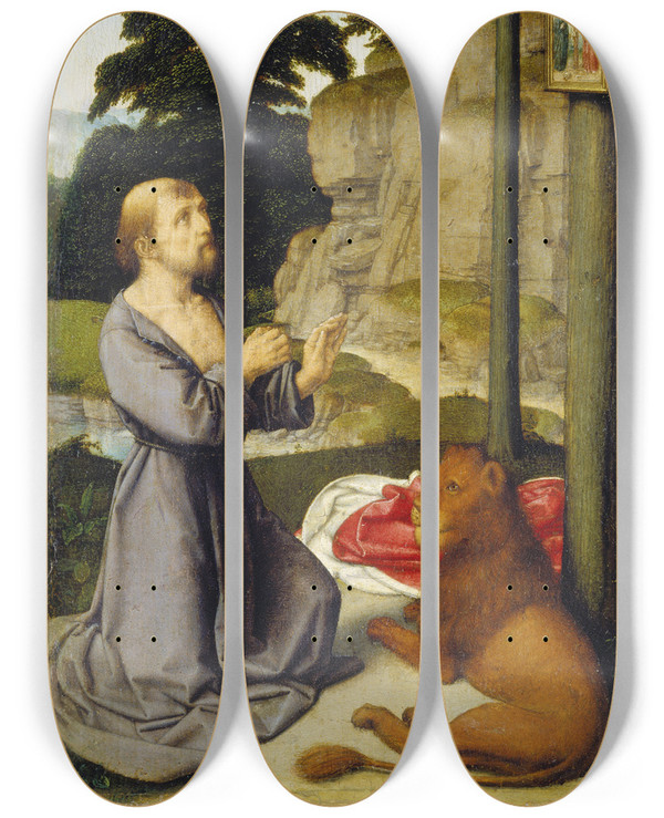 Triptych art skateboard deck of Gerard David Saint Jerome In The Wilderness by Gerard David (1460-1523)