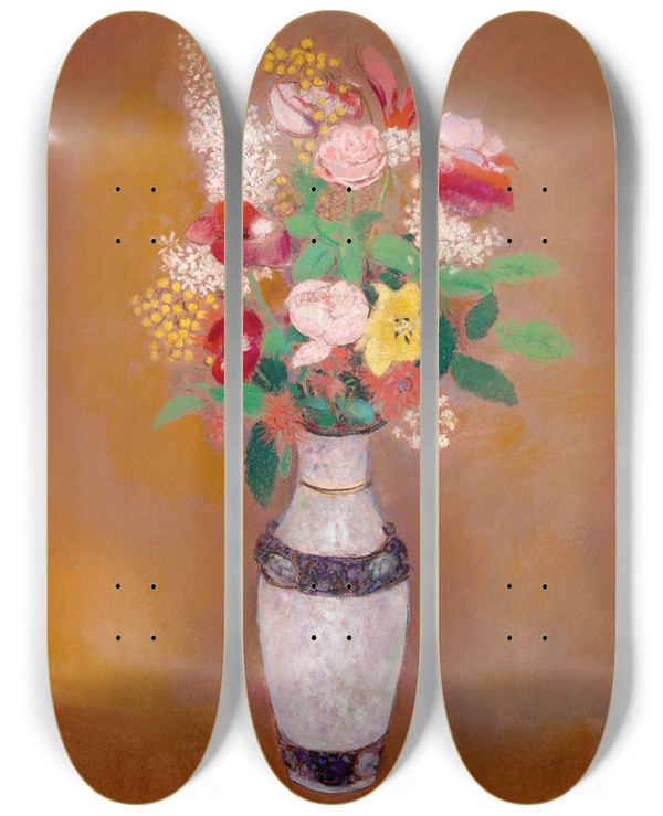 Triptych art skateboard deck of Odilon Redon Vase De Fleurs_1 by Odilon Redon (1840-1916)