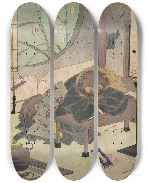 Triptych art skateboard deck of Tsukioka Yoshitoshi Bunbuku Chagama_1 by Tsukioka Yoshitoshi (1839-1892)