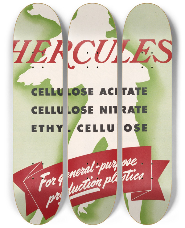 Triptych art skateboard deck of Hercules Incorporated Hercules Cellulose Acetate Cellulose Nitrate Ethyl Cellulose by Hercules Incorporated (20-)