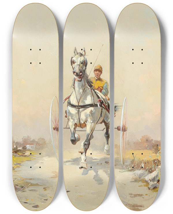 Triptych art skateboard deck of Alfred Steinacker Traber Im Training by Alfred Steinacker (1838-1914)