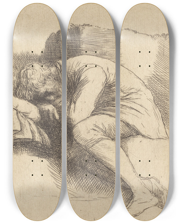 Triptych art skateboard deck of Alphonse Legros Sleeper Un Dormeur by Alphonse Legros (1837-1911)