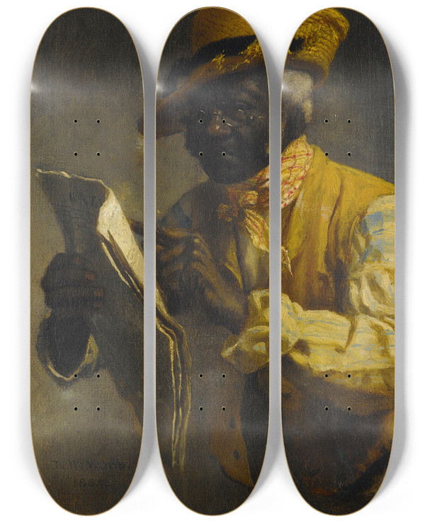 Triptych art skateboard deck of Thomas Waterman Wood Reading The Gazette by Thomas Waterman Wood (1823-1903)