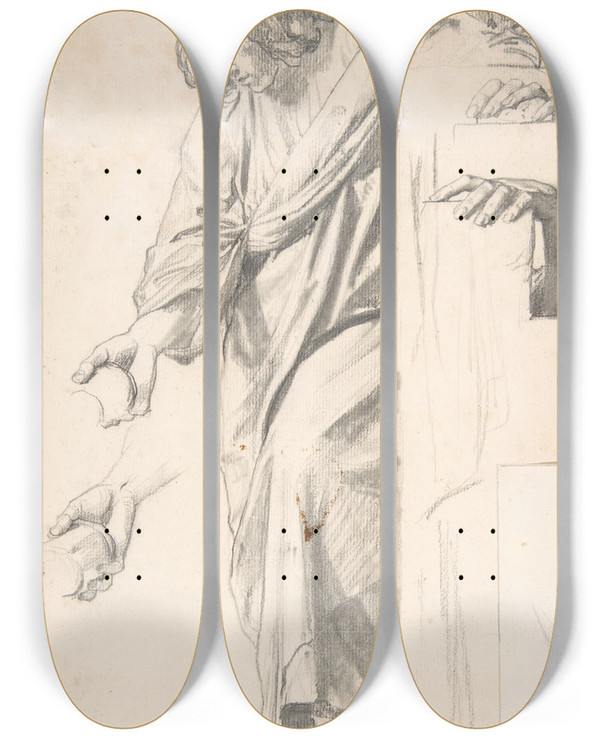 Triptych art skateboard deck of Henri Lehmann Standing Draped Female Figure by Henri Lehmann (1814-1882)