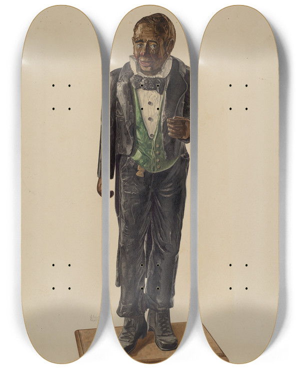 Triptych art skateboard deck of Alvin M Gully Hotel Porter Figure by Alvin M Gully