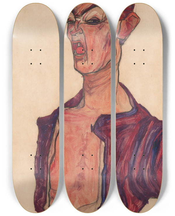 Triptych art skateboard deck of Egon Schiele Selfportrait Grimacing by Egon Schiele (1890-1918)