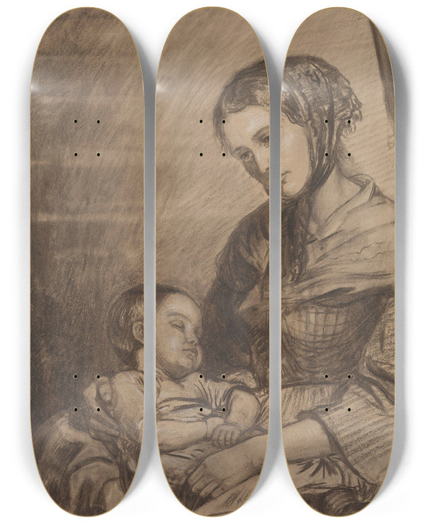 Triptych art skateboard deck of Adolph Tidemand Kvinne Med Sovende Barn by Adolph Tidemand (1814-1876)