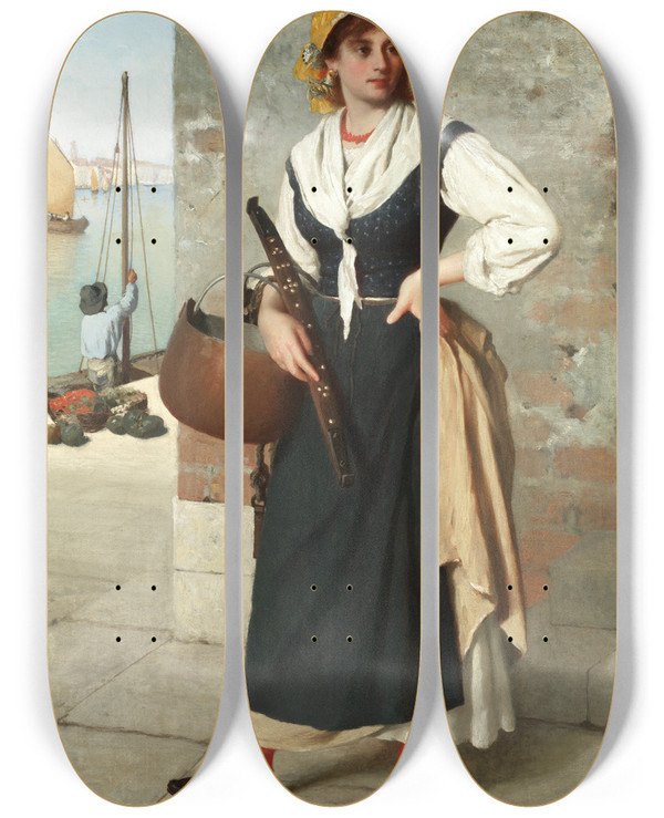 Triptych art skateboard deck of Horace Van Ruith A Young Fishwife by Horace Van Ruith (1839-1923)