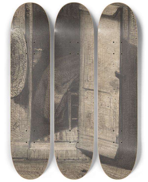 Triptych art skateboard deck of August Alleb Doorkijk Door Een Geopende Deur by August Allebe (1838-1927)