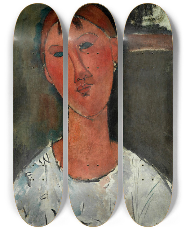 Triptych art skateboard deck of Amedeo Modigliani Girl In A White Blouse by Amedeo Modigliani (1884-1920)