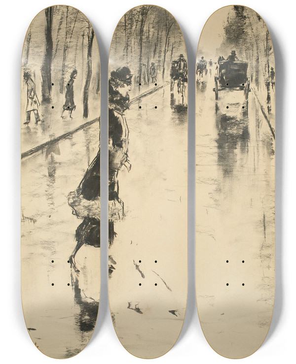 Triptych art skateboard deck of Lesser Ury Straenszene Im Berliner Tiergarten Mit Dame by Lesser Ury (1861-1931)