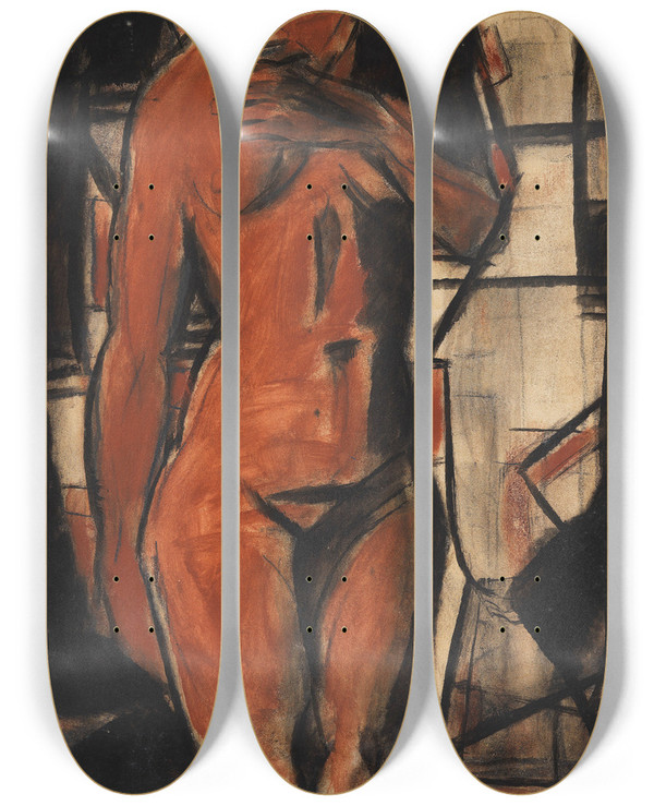 Triptych art skateboard deck of Christian Rohlfs Stehender Weiblicher Akt by Christian Rohlfs (1849-1938)