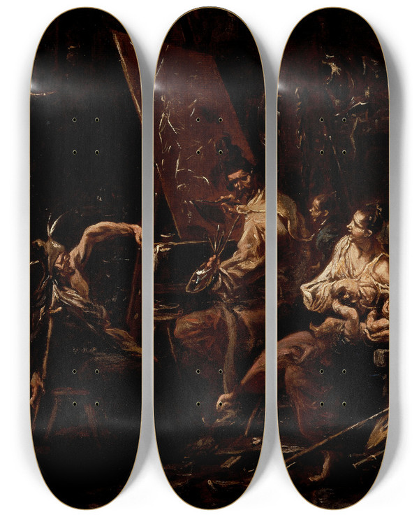 Triptych art skateboard deck of Alessandro Magnasco The Artists Studio by Alessandro Magnasco (1667-1749)