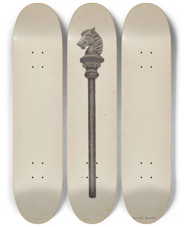 Triptych art skateboard deck of Hilda Olson Horse Head Hitching Post by Hilda Olson