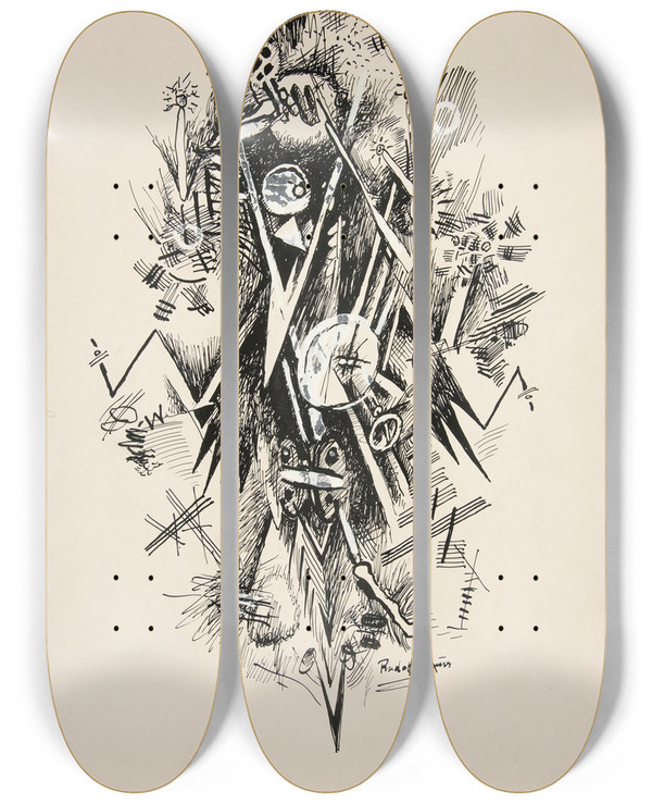 Triptych art skateboard deck of Rudolf Bauer Untitled Abstractforms_9 by Rudolf Bauer (1889-1953)