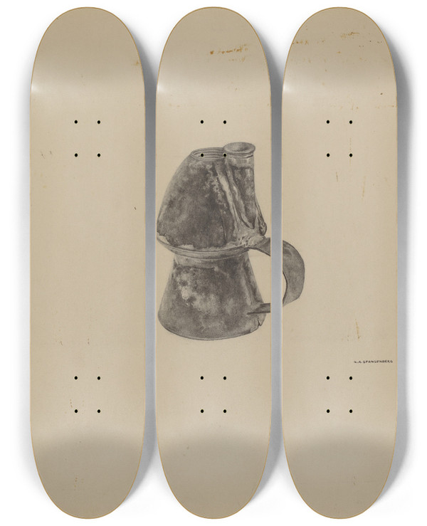 Triptych art skateboard deck of Ga Spangenberg Petticoat Peg Lamp by G.A. Spangenberg