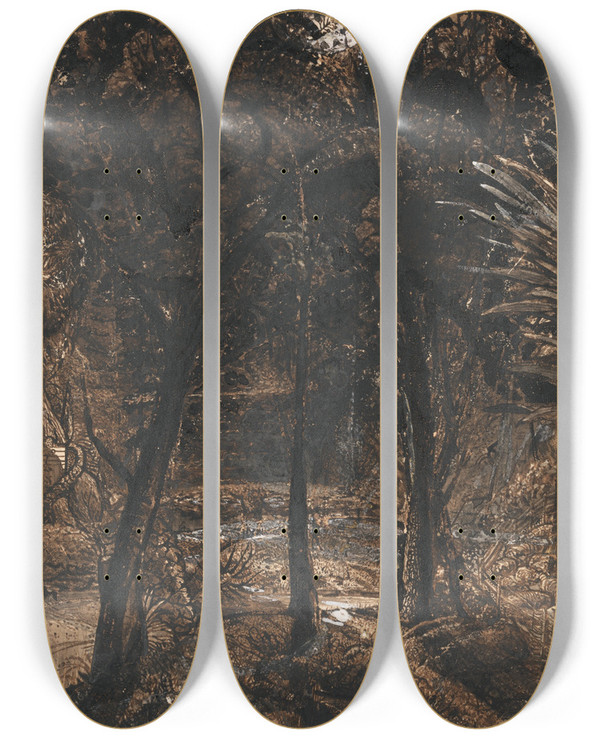 Triptych art skateboard deck of Samuel Palmer A Moonlit Scene With A Winding River_1 by Samuel Palmer (1805-1881)