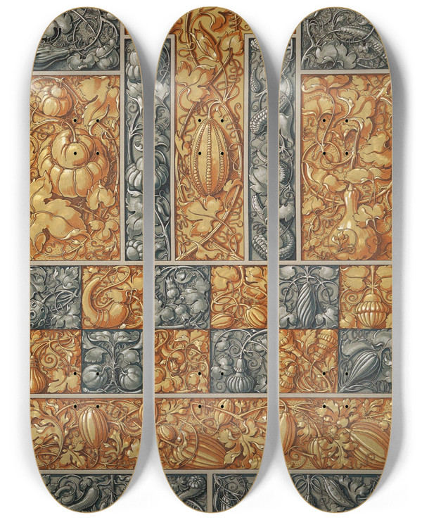 Triptych art skateboard deck of Anton Seder Die Pflanze In Kunst Und Gewerbe Pl085 by Anton Seder (1850-1916)