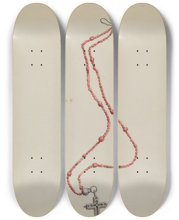 Triptych art skateboard deck of Majel G Claflin Coral Beads And Crucifix by Majel G Claflin (1893-1941)
