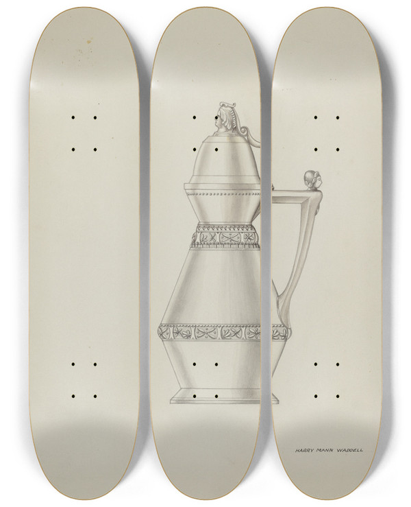 Triptych art skateboard deck of Harry Mann Waddell Pewter Syrup Jar by Harry Mann Waddell (1876-1956)