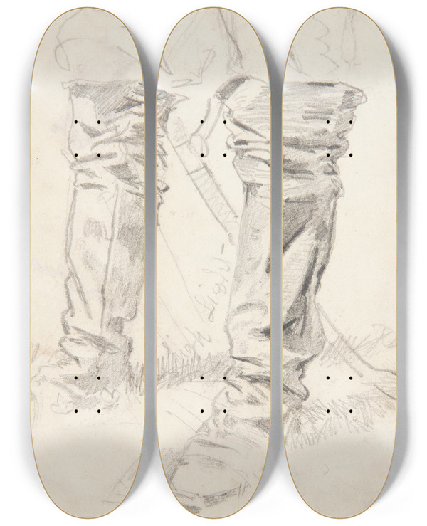 Triptych art skateboard deck of Winslow Homer Study Of Cavalry Officers Boots by Winslow Homer (1836-1910)