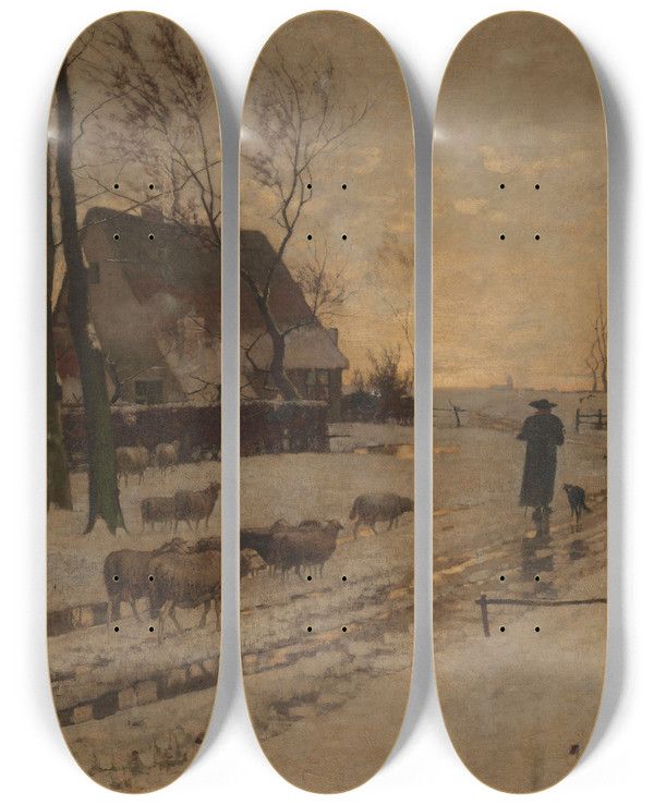 Triptych art skateboard deck of Richard Burnier Winter Landscape Near Dusseldorf by Richard Burnier