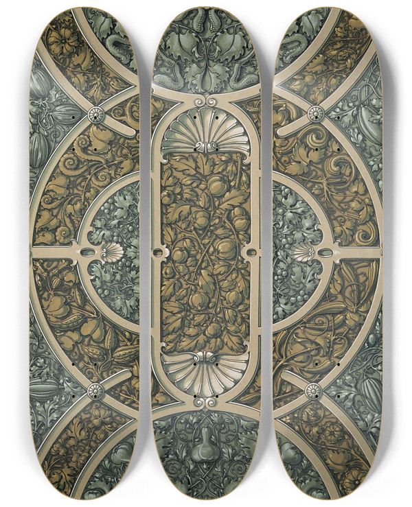 Triptych art skateboard deck of Anton Seder Die Pflanze In Kunst Und Gewerbe Pl087 by Anton Seder (1850-1916)