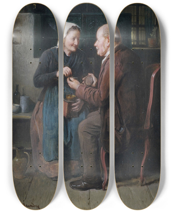 Triptych art skateboard deck of Friedrich Friedlnder Lteres Paar Im Kcheninterieur by Friedrich Friedlander (1825-1901)