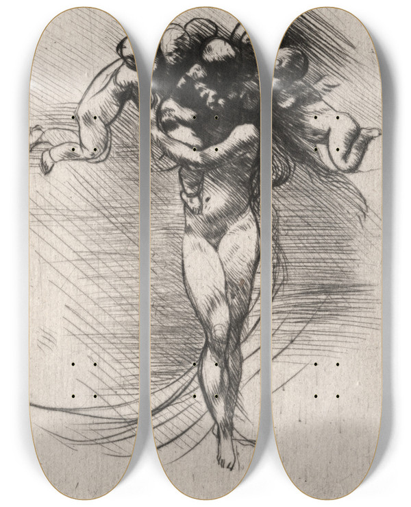Triptych art skateboard deck of Auguste Rodin Le Printemps by Auguste Rodin (1840-1917)